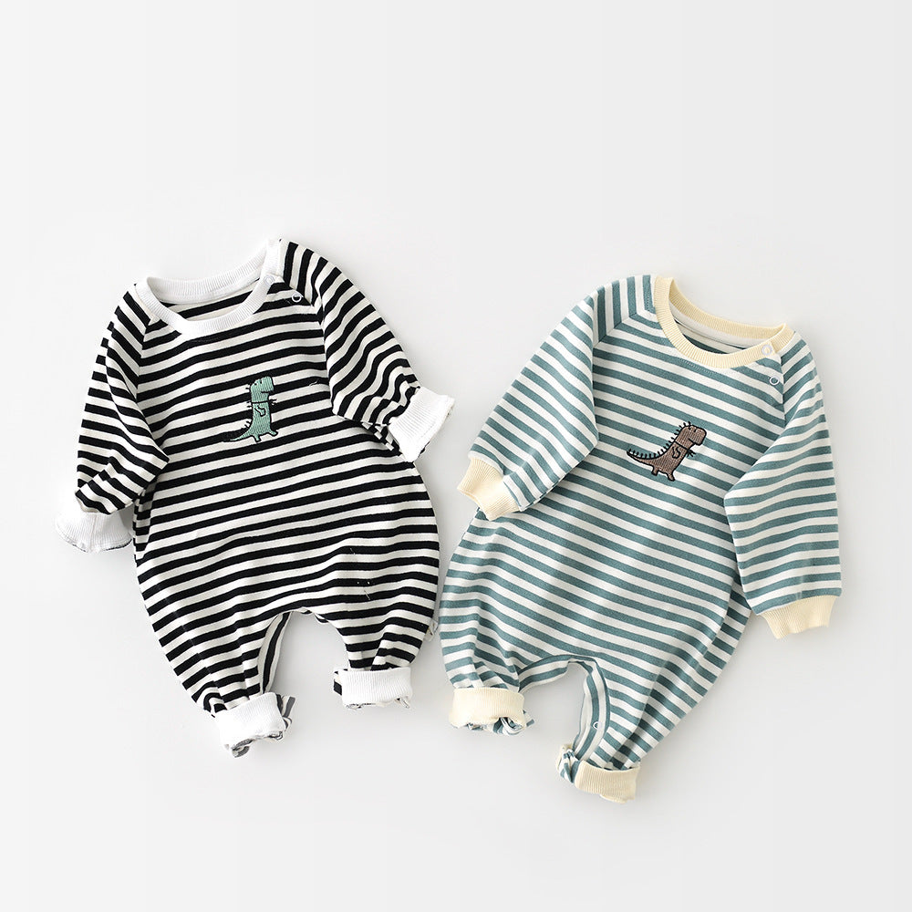 Striped cotton baby romper with embroidered dinosaur