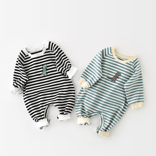 Striped cotton baby romper with embroidered dinosaur