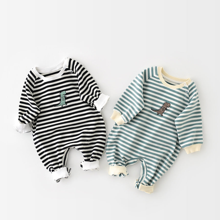 Dinosaur Embroidered Striped Baby Romper – Long Sleeve Cotton Jumpsuit