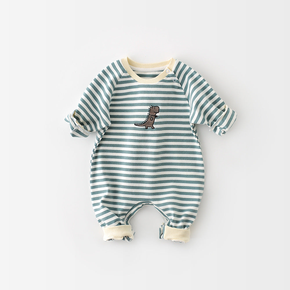 Striped cotton baby romper with embroidered dinosaur – view 4