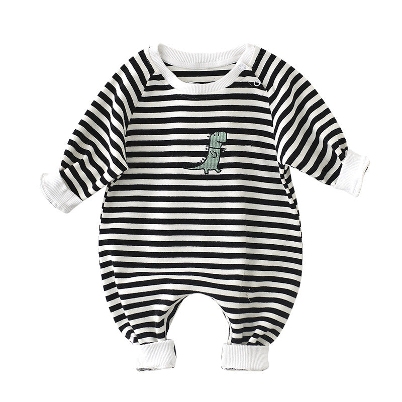 Striped cotton baby romper with embroidered dinosaur – view 5
