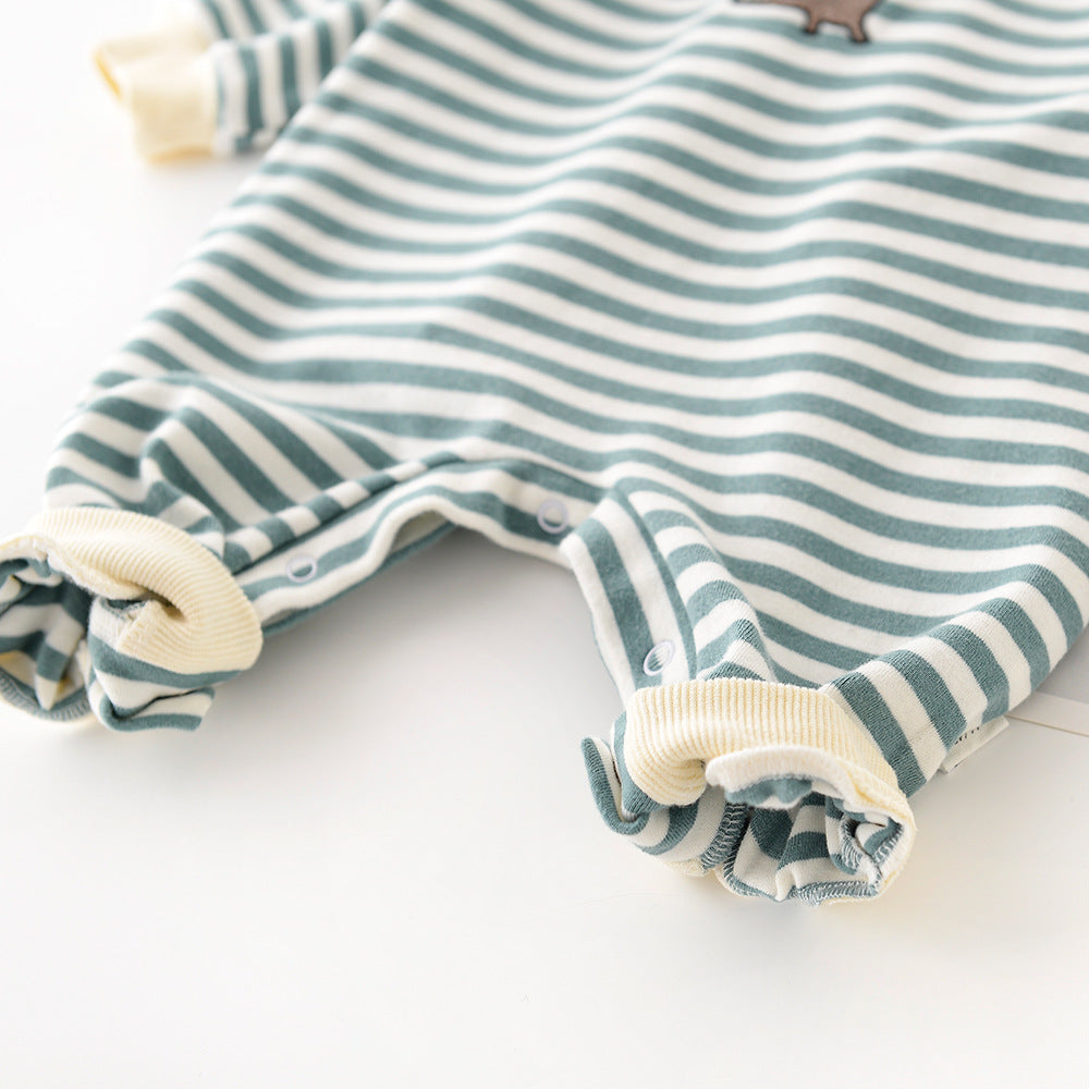 Striped cotton baby romper with embroidered dinosaur – view 2