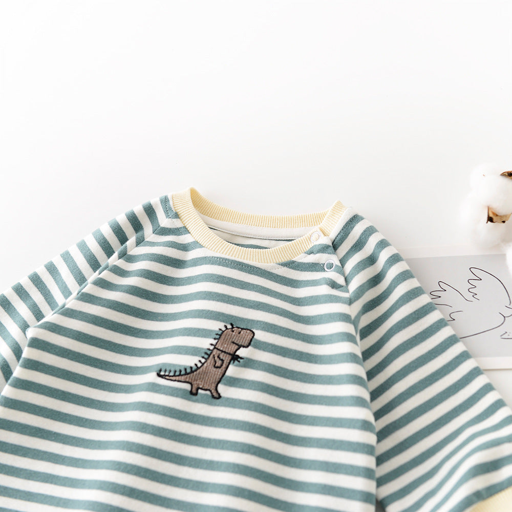 Striped cotton baby romper with embroidered dinosaur – view 3