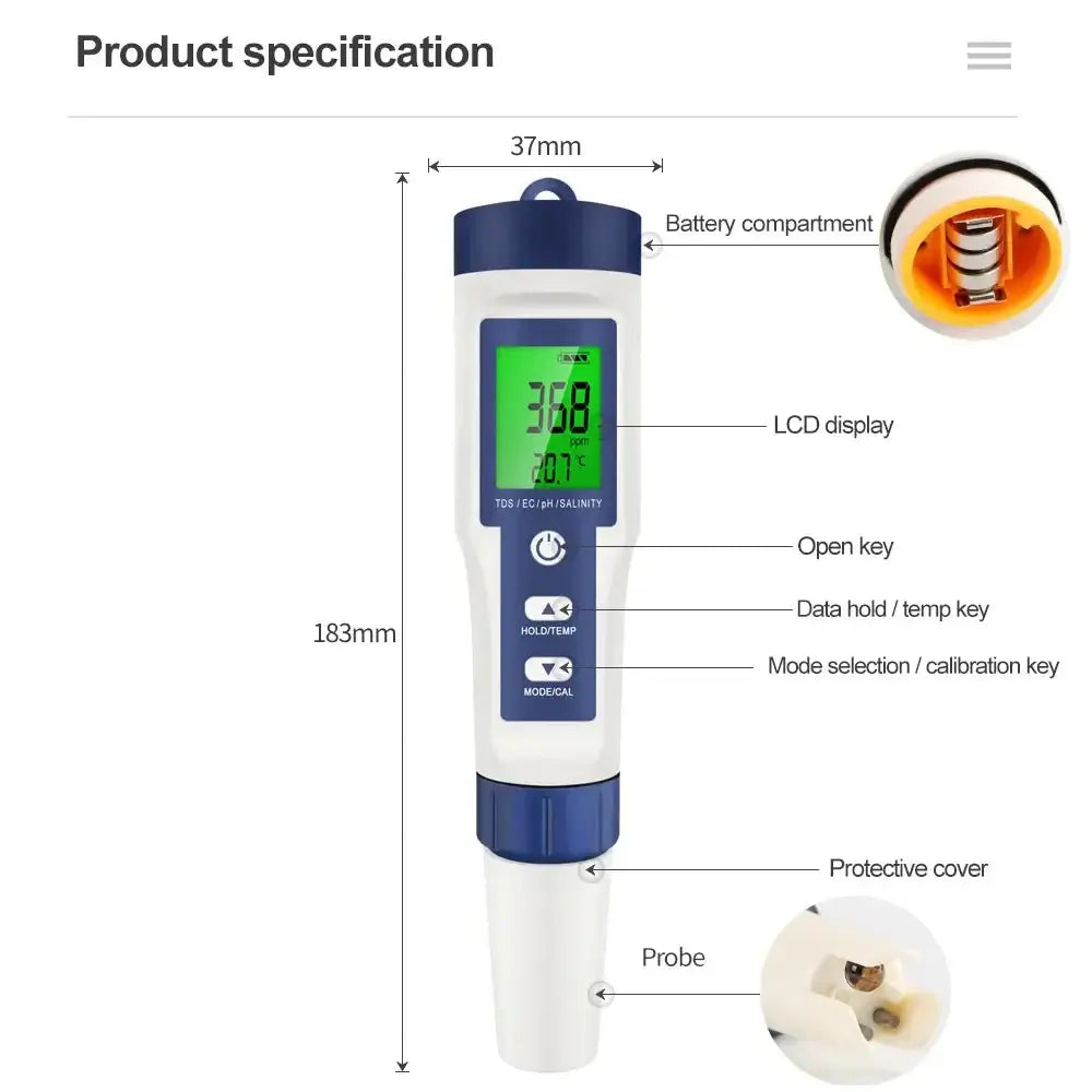 Aquarius Water 5 in 1  Digital Meter TDS EC Salinity TEMP PH Water Tester